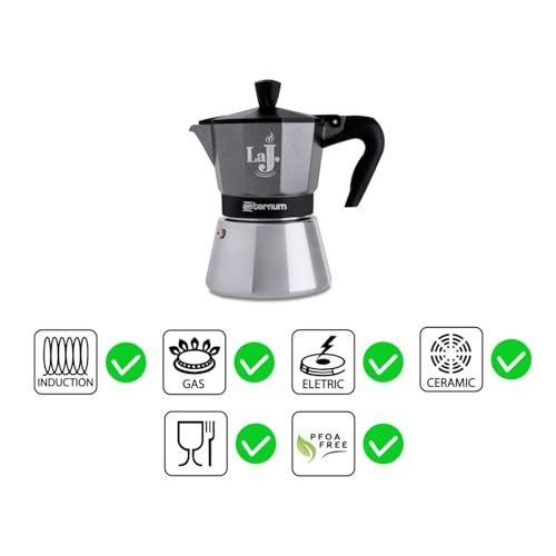Aeternum, LaJ Espresso Induction, Caffettiera 3 Tazze, Adatta all'Induzione, Alluminio e Acciaio Inox, Grigio e Nero