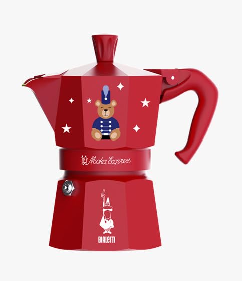 Bialetti Moka Express Natale 2025, Caffettiera Rossa 3 Tazze Orsetto, Edizione Speciale Joyful Memories, 130ml in Alluminio