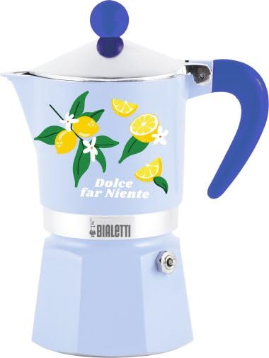 Bialetti Caffettiera Moka Rainbow Dolce Far Niente 3 Tazze, Blu con Limoni, Alluminio, 130 ml, Preparazione Caffè Espresso Manuale