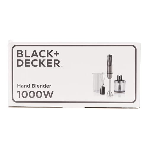 BLACK+DECKER BXHBA1000E - Frullatore a immersione, 1000W, 20 velocità + turbo, lame in acciaio inossidabile, asta rimovibile, tritaghiaccio, ergonomico, acciaio inossidabile, set completo di accessori