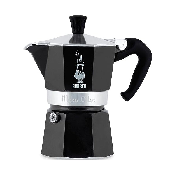 Bialetti Caffettiera Moka Express Color, 3 Tazze, Manico Anti Scottatura, Non Adatta a Induzione, 3 Tazze (130 ml), Alluminio, Nero