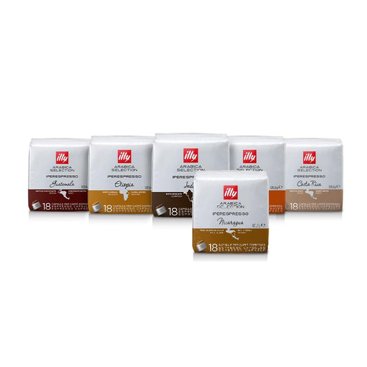 ILLY 108 Iperespresso Coffee Capsules | Single origin monoarabic selection | 6 Assorted Packs: Brazil, Ethiopia, India, Guatemala, Nicaragua, Costa Rica