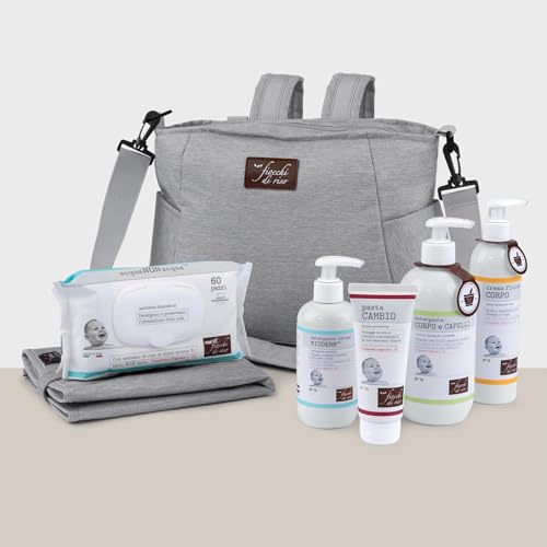 Fiocchi di Riso - COFANETTO BORSA FASCIATOIO - Kit cura della pelle dei neonati: Salviette Acqua NON Acqua, Pasta Cambio, Crema Fluida Corpo, Detergente Intimo Mioderm, Detergente Corpo, Capelli Talco