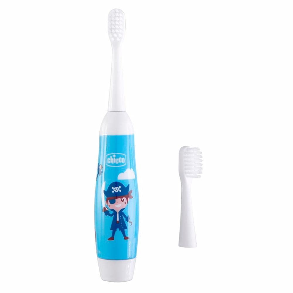 Chicco Spazzolino Elettrico per Bambini, Spazzolino da Denti con Vibrazione Delicata e Setole Morbide, Impugnatura Ergonomica, con Testina di Ricambio e Coprisetole - 3+ Anni, Blu