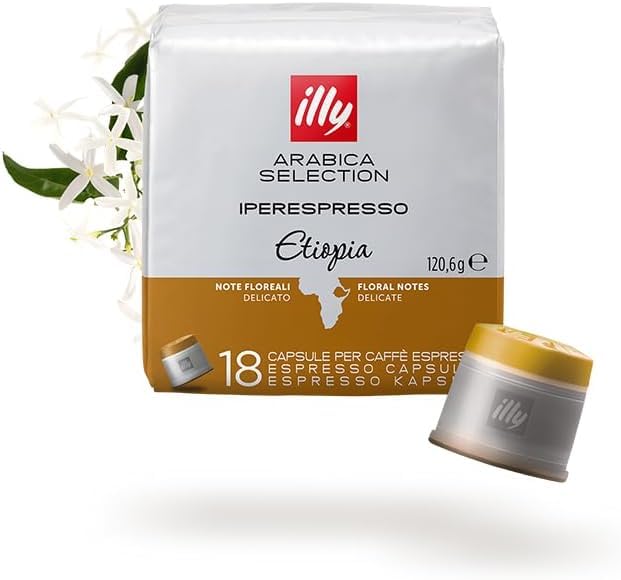 illy, Caffè in Capsule Iperespresso Arabica Selection Etiopia, 100% Arabica con Note di Gelsomino, Fiori d'Arancio e Camomilla, Gusto Delicato, 6 Confezioni da 18 (108 Capsule Totali)