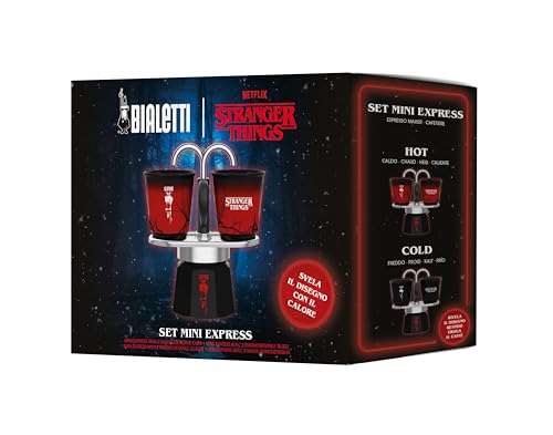 Bialetti Set Mini Express Stranger Things, 2 Bicchierini Termosensibili in ceramica inclusi, Cambia colore, Non adatta all'induzione, Nero, 2 Tazze