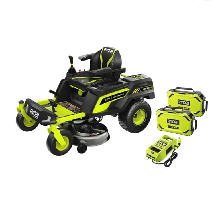 RY72ZTRX107-210 Tracteur de pelouse sans balais Ryobi alimenté par batterie 72 V | Tondeuse à gazon zéro braquage avec 2 batteries 10 Ah fournies | Portée d’action : 6000m2…