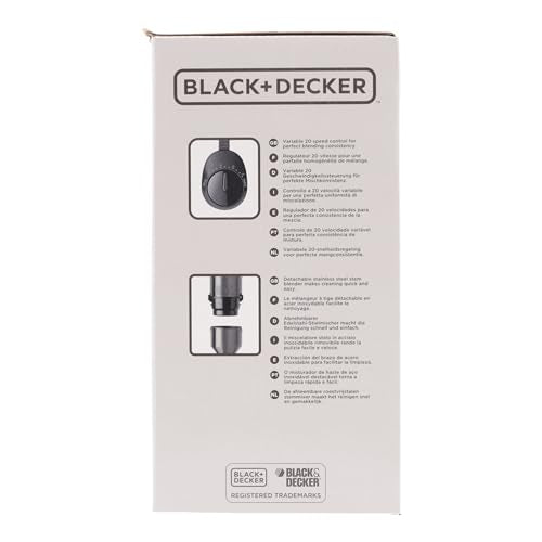 BLACK+DECKER BXHBA1000E - Frullatore a immersione, 1000W, 20 velocità + turbo, lame in acciaio inossidabile, asta rimovibile, tritaghiaccio, ergonomico, acciaio inossidabile, set completo di accessori
