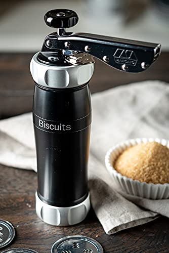 Marcato Sparabiscotti, Siringa per Dolci, Macchina per Biscotti fatti in casa, Accessorio da Pasticceria, in Alluminio Anodizzato, Grandezza Biscotto Regolabile, 20 Trafile Incluse. Colore: Nero