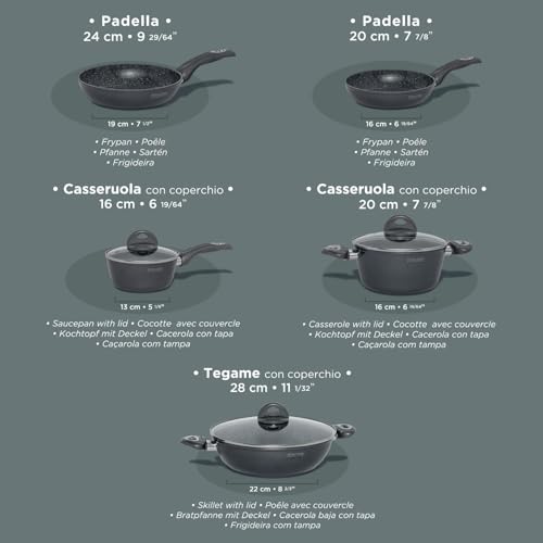 Aeternum, Petragres Ecosolution, Batteria 8 pezzi, 2 Padelle 20-24 cm, 2 Casseruole 16-20 cm, 1 Tegame 28 cm, 3 Coperchi 16-20-28 cm, Full Induction, Adatto all'Induzione, Riv. PFAS FREE, Grigio scuro