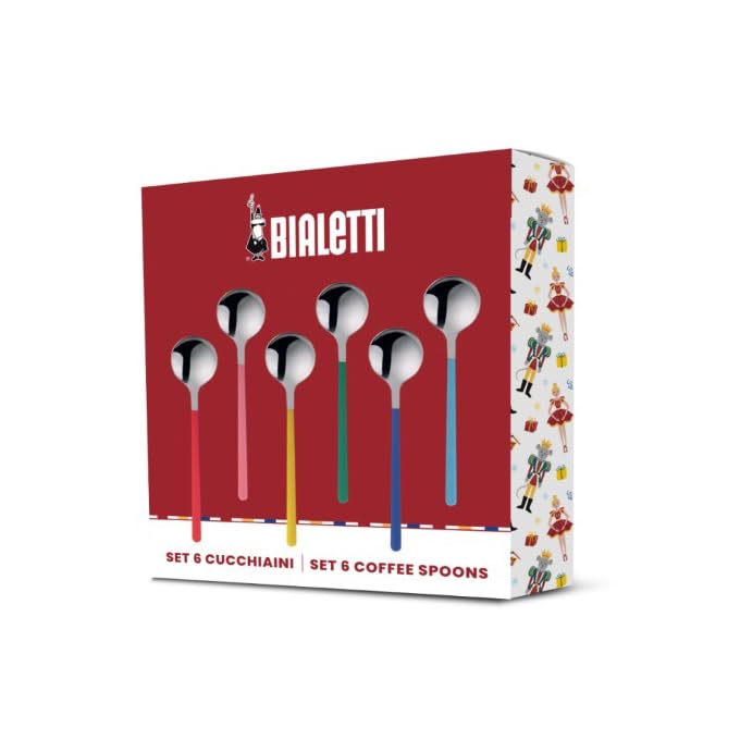 BIALETTI 6 Cucchiaini di Design da Caffè in Acciaio Inox Collezione Schiaccianoci | Colorati