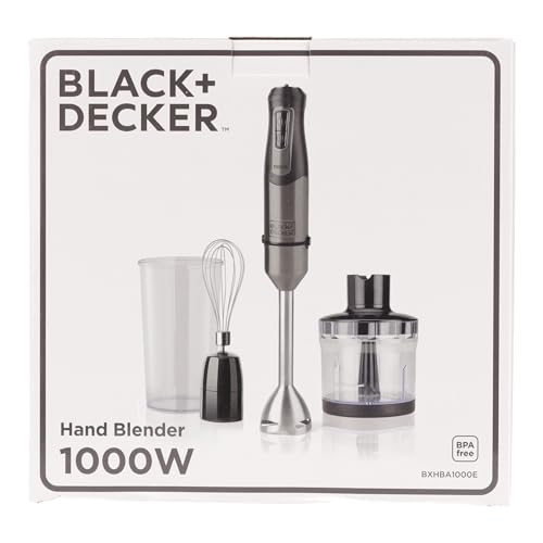 BLACK+DECKER BXHBA1000E - Frullatore a immersione, 1000W, 20 velocità + turbo, lame in acciaio inossidabile, asta rimovibile, tritaghiaccio, ergonomico, acciaio inossidabile, set completo di accessori