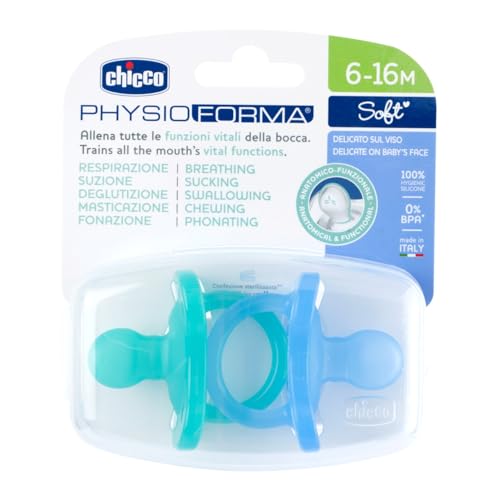 PhysioForma Ciuccio in Silicone 6 - 16 Mesi, Set di Gommotti Morbidi e Delicati, Supportano la Respirazione Fisiologica e Favoriscono il Corretto Sviluppo della Bocca, Azzurro