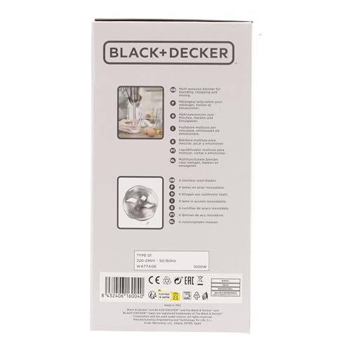 BLACK+DECKER BXHBA1000E - Frullatore a immersione, 1000W, 20 velocità + turbo, lame in acciaio inossidabile, asta rimovibile, tritaghiaccio, ergonomico, acciaio inossidabile, set completo di accessori