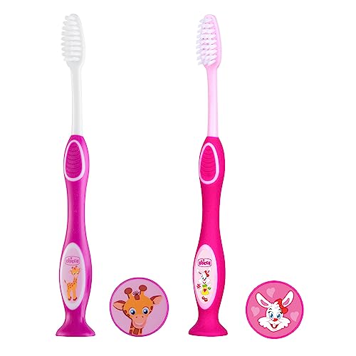 Chicco Spazzolino Da Denti, Con Setole Fini, Spazzolino Per Bambini, Spazzolino Delicato, Testina Con Pulisci Lingua, Ergonomico Con Presa Antiscivolo, Colori assortiti, Bimba, 3-6 Anni