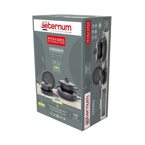 Aeternum, Petragres Ecosolution, Batteria 8 pezzi, 2 Padelle 20-24 cm, 2 Casseruole 16-20 cm, 1 Tegame 28 cm, 3 Coperchi 16-20-28 cm, Full Induction, Adatto all'Induzione, Riv. PFAS FREE, Grigio scuro