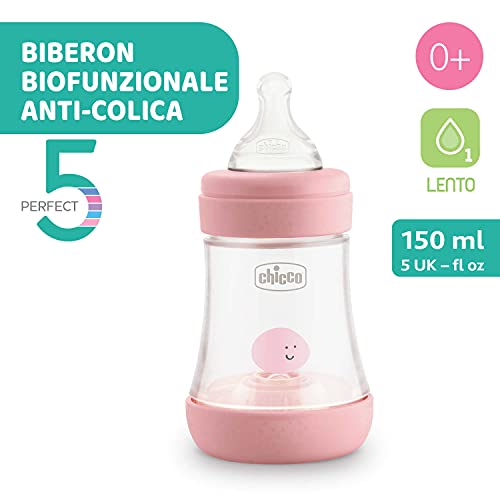 Chicco PERFECT 5 Biberon Anticolica 150 ml, Biberon Flusso Lento 0 Mesi + con Tettarella in Morbido Silicone, Biberon Biofunzionale con Intui-flow System da 150 ml, Rosa