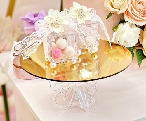 Alzatina Decorativa Rotonda con Farfalle in Plexiglass Oro, Base a Specchio, per Catering Dolci | Alzate per Wedding, Comunione, Negozi, Esposizione, tema Farfalla. (Piccola Ø18 x h8 cm)