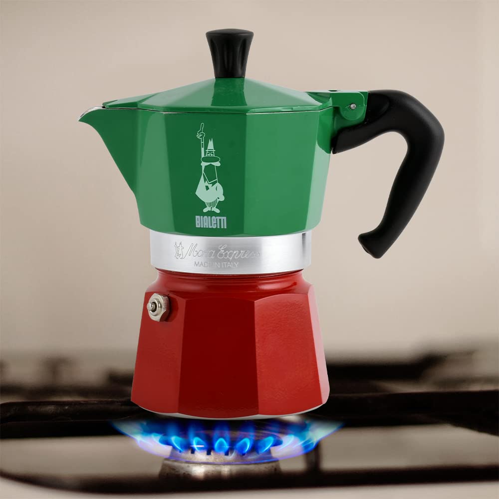 Bialetti Caffettiera Moka Express Tricolore, 3 Tazze, Manico anti scottatura, Non adatta a induzione, 3 (130 ml), Alluminio