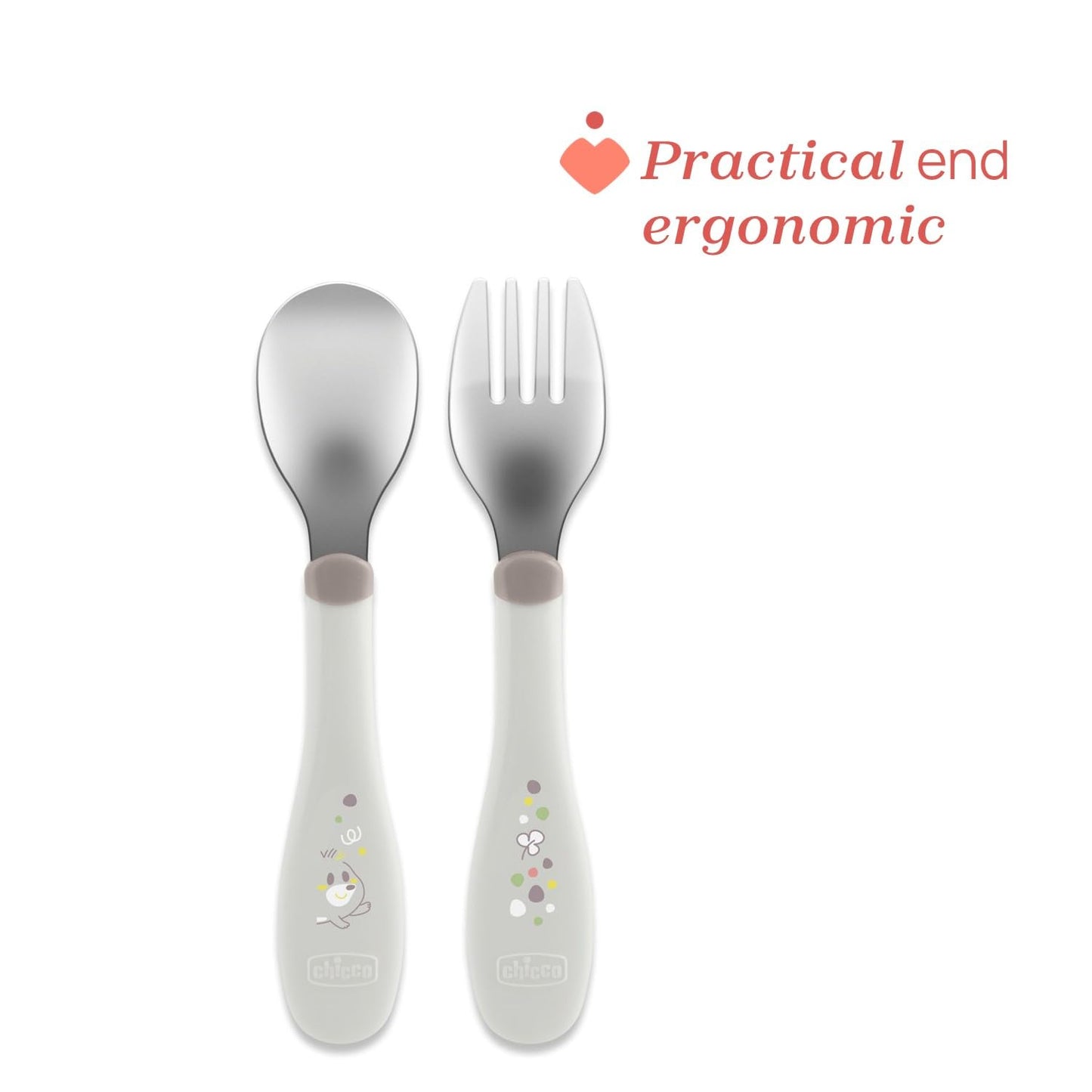Chicco Posatine Inox, Posate Bambini, Set Pappa, Forchetta e Cucchiaio per Bambini, in Acciaio Inossidabile, Facili da Impugnare, Set Svezzamento Prima Pappa, 2 Pezzi, 18M+, Grigio