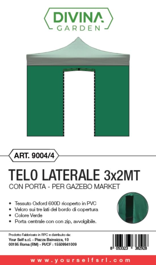 Divina Garden Telo Laterale 3x2mt Nero Impermeabile con Porta avvolgibile per Gazebo richiudibile