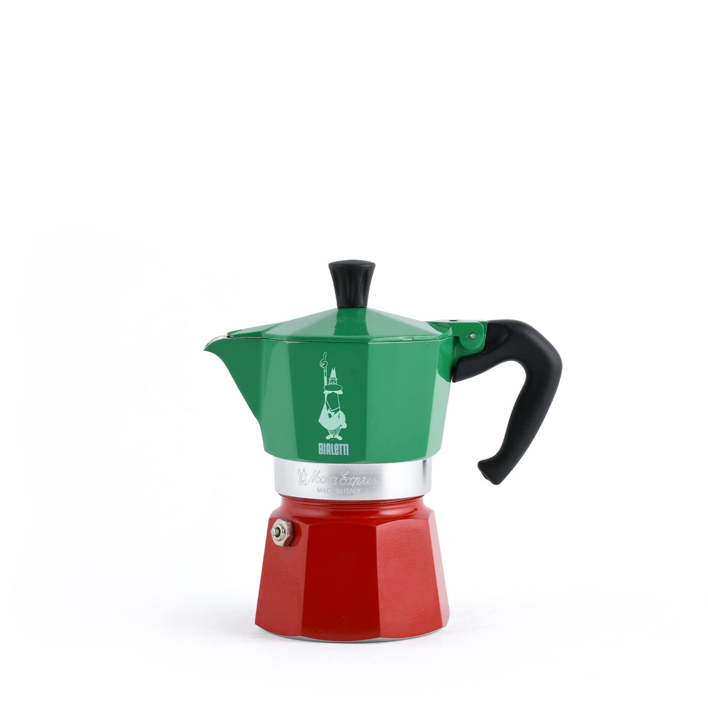 Bialetti Caffettiera Moka Express Tricolore, 6 Tazze, Manico anti scottatura, Non adatta a induzione, 6 Tazze (250 ml), Alluminio