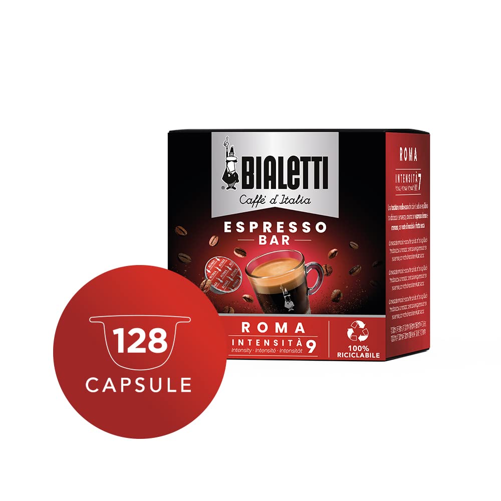 Bialetti Caffè d'Italia, Multipack 128 Capsule, 8 Box da 16 Capsule, Roma, Intensità 9, Compatibili con Macchine Bialetti sistema chiuso, 100% Alluminio