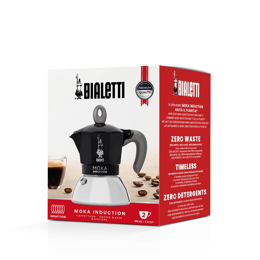 Bialetti Caffettiera Moka Induction, 2 Tazze (100 ml), Adatta a Tutti i piani cottura, Design Elegante, Nero