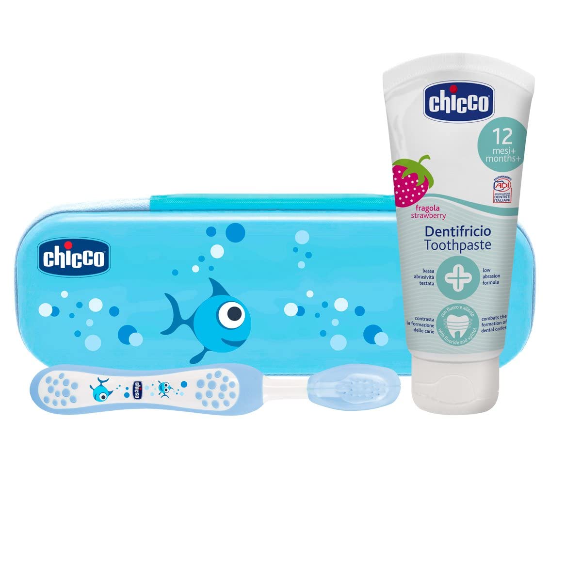 Chicco Set Dentale per Bambini, L'Astuccio Contiene Un Dentifricio 12 Mesi + e Uno Spazzolino, Oral Care, Azzurro, 6 Mesi+