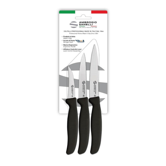 Sanelli Ambrogio, Set 3 Spelucchini, Coltelli da Cucina in Acciaio NitroB, Affilatura Laser, con Manico Ergonomico SEBS, Lavabili in Lavastoviglie, Certificati MOCA e Garantiti a Vita, Made in Italy