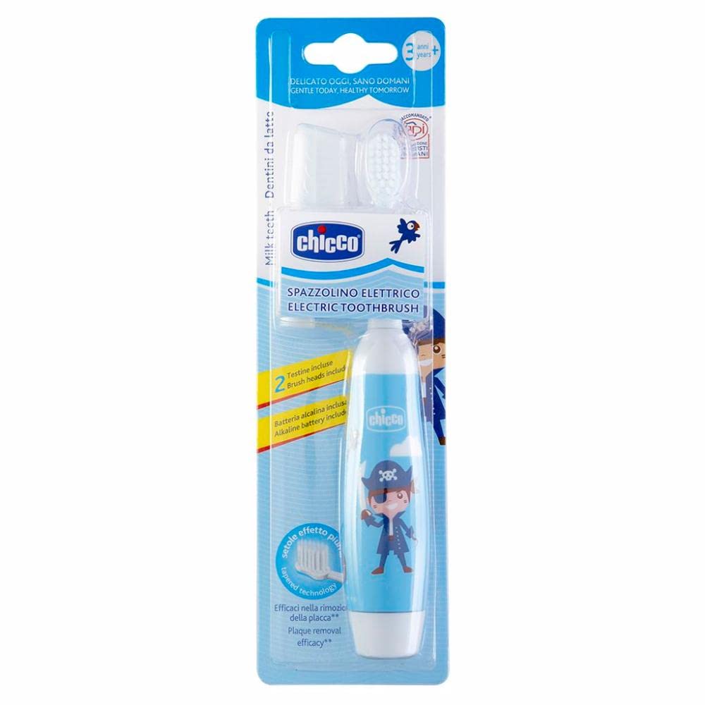 Chicco Spazzolino Elettrico per Bambini, Spazzolino da Denti con Vibrazione Delicata e Setole Morbide, Impugnatura Ergonomica, con Testina di Ricambio e Coprisetole - 3+ Anni, Blu