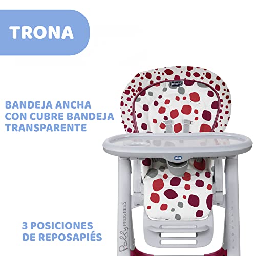 Chicco Polly Progres5 Seggiolone Pappa Regolabile per Bambini 0 Mesi - 3 Anni (15 kg), Trasformabile in Rialzo Sedia Bambini, Reclinabile a Sdraietta, con 4 Ruote e Chiusura Compatta - Cherry