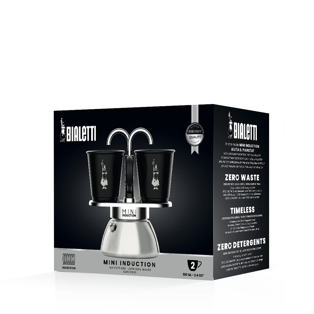 Bialetti Mini Express Induction Caffettiera, Alluminio, Nero, 2 Tazze
