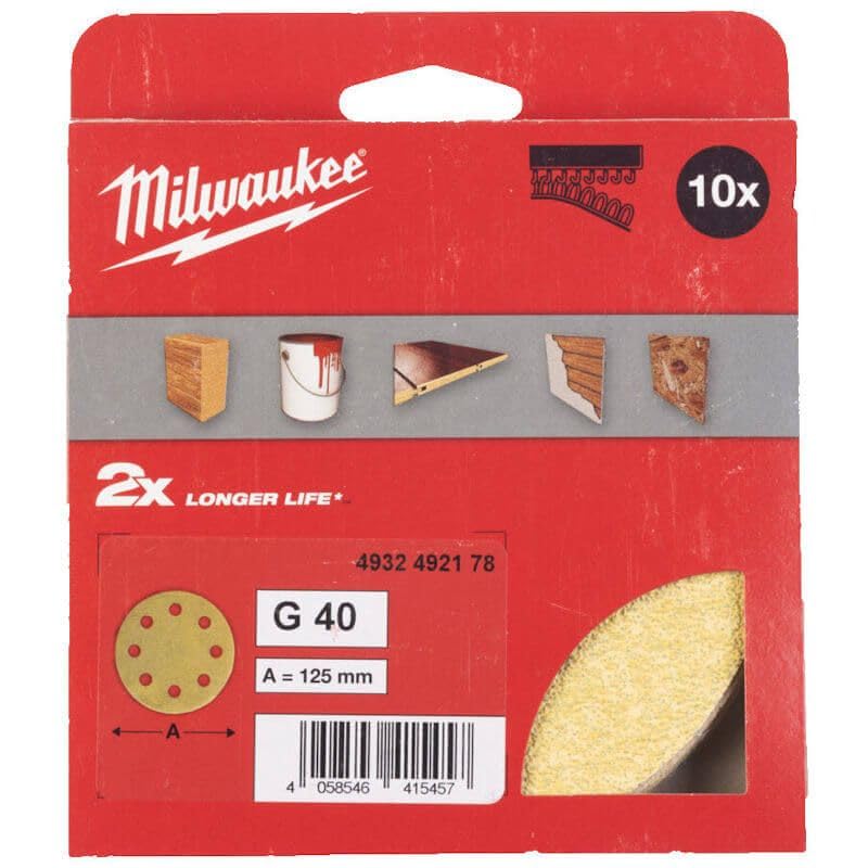 Milwaukee 10 Dischi Abrasivi Ø125mm per Levigatrice Rotorbitale 8 Fori Grana 40