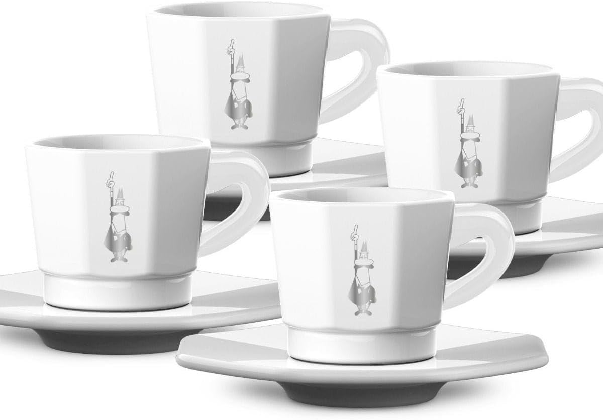 Bialetti Tazzine Ottagonali, Set 4 Tazzine, Bianco e Silver, 75 ml