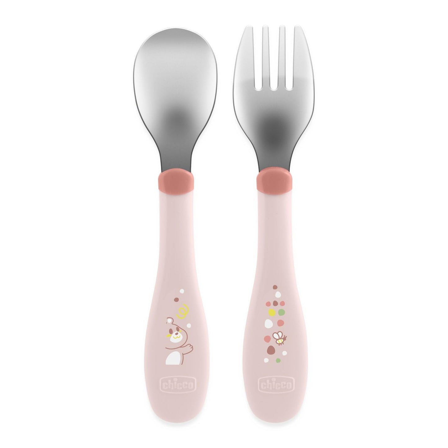 Chicco Posatine Inox, Posate Bambini, Set Pappa, Forchetta e Cucchiaio per Bambini, in Acciaio Inossidabile, Facili da Impugnare, Set Svezzamento Prima Pappa, 2 Pezzi, 18M+, Rosa