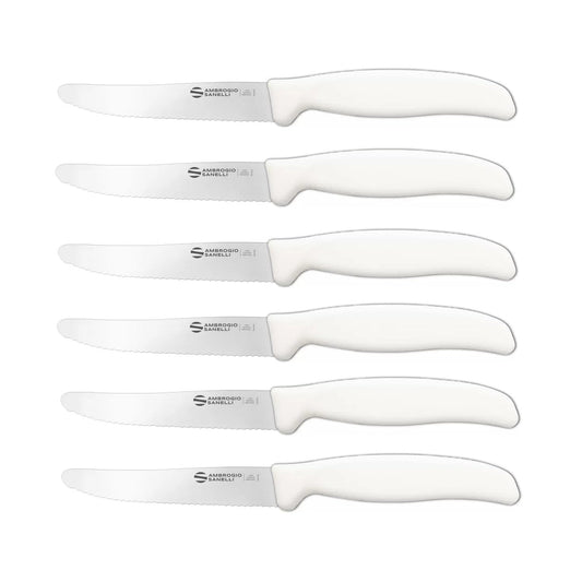 Ambrogio Sanelli ST72S11W Set di 6 Coltelli Professionali da Tavola Linea Supra Lama In acciao all'Azoto dentata Cm. 11, Manico Bianco