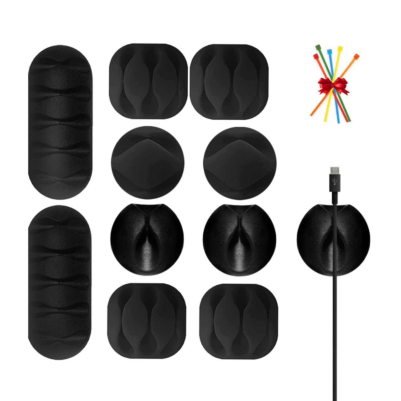 Organizzatore di cavi 10 pezzi clip adesivi per scrivania, include set di 5 flange colorate, ideale per ordinare accessori da ufficio, casa, alimentatore, computer, usb e prese.