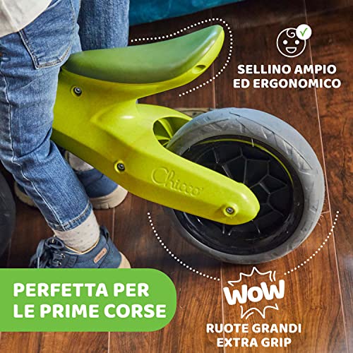 Chicco Balance Bike Eco+, Bici Bambini da 18 mesi a 3 anni (Fino a 25 kg), Bicicletta Senza Pedali per l'Equilibrio, Manubrio e Sellino Ergonomici, Ruote Antiforatura, 80% Plastica Riciclata