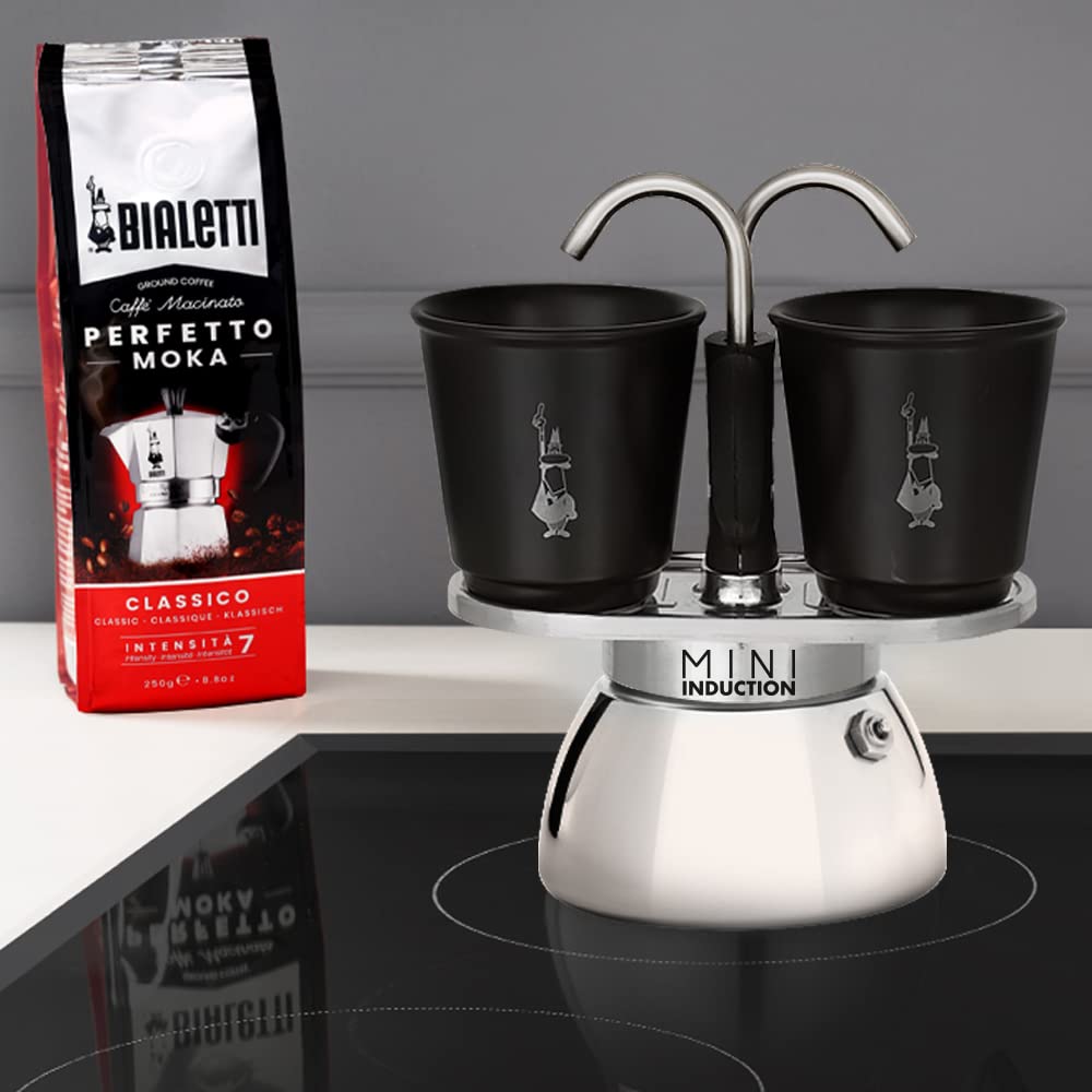 Bialetti Mini Express Induction Caffettiera, Alluminio, Nero, 2 Tazze