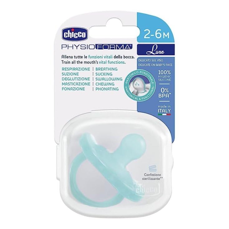 Chicco, 1 Gommotto 2-6 Months, in PHYSIOFORMA® SOFT Light Blue SIlicone/, in Sterilizable Blister | Male color pacifier, extra soft