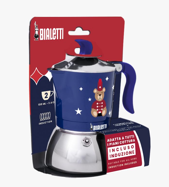 Bialetti Fiammetta Induction Orsetto Natale 2025, Moka in Alluminio, con Base in Acciaio, Adatta ai Piani ad Induzione Caffettiera Blu, Edizione Speciale Joyful Memories