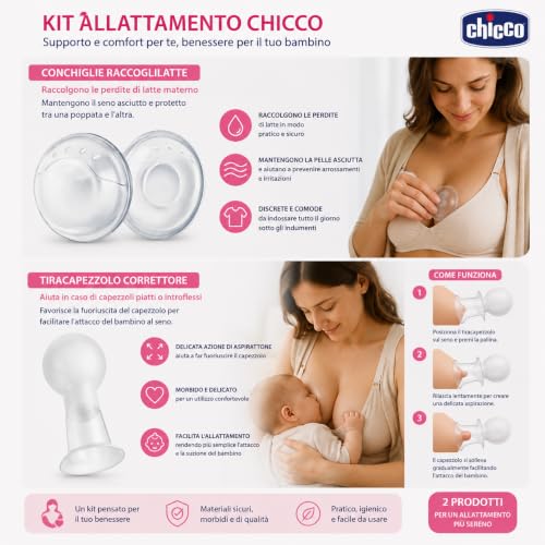 Chicco Kit Allattamento Conchiglie Raccoglilatte + Tiracapezzolo per Capezzoli piatti Chicco Kit Allattamento Conchiglie Raccoglilatte + Tiracapezzolo | Design Anatomico, Capezzoli Piatti, Materiali Morbidi, Fori di Ventilazione