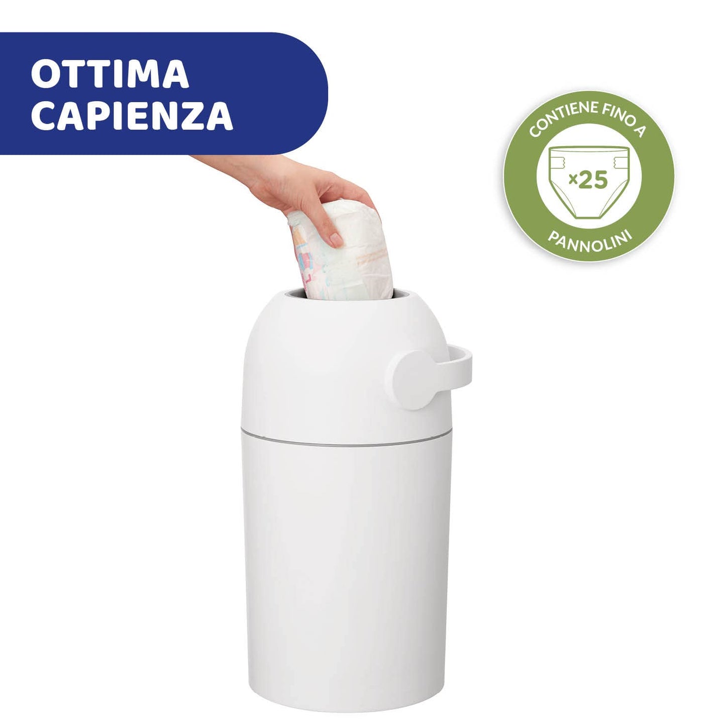 Chicco Mangiapannolini Controlla Odori, Smaltimento Pannolini, Cestino Contenitore Compatto e Salvaspazio, Non servono ricariche, si usano i normali Sacchetti, Bianco