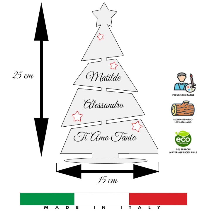 Albero di Natale Personalizzato 25cm | Alberello in Legno Personalizzabile con Nomi della Famiglia o Testo inciso al Laser
