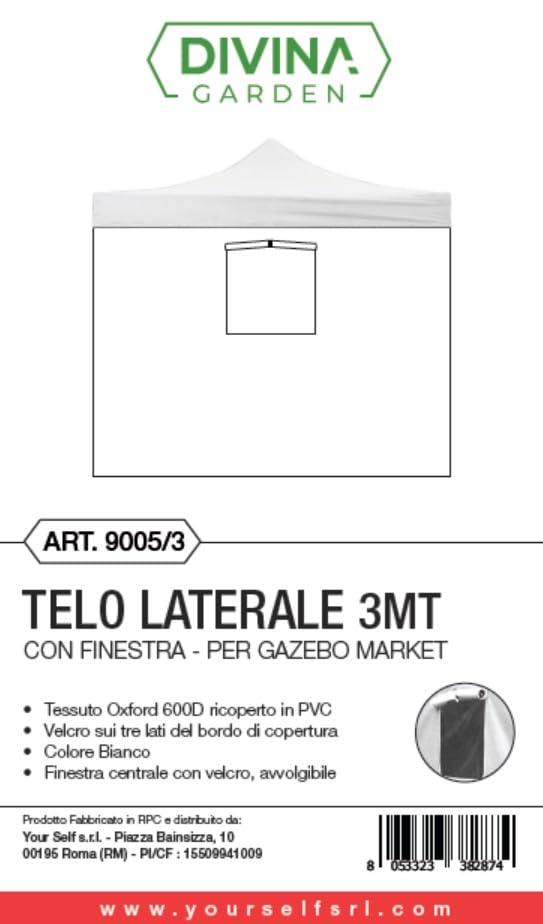Telo laterale con finestra gazebo 3x3mt tessuto Oxford 600D impermeabile 9005/3