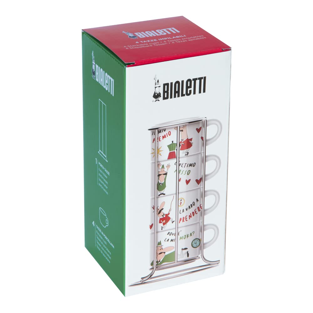 Bialetti - Set 4 Tazzine Espresso Italia per Cappuccino, Impilabili con Supporto in Metallo
