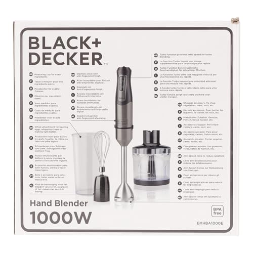BLACK+DECKER BXHBA1000E - Frullatore a immersione, 1000W, 20 velocità + turbo, lame in acciaio inossidabile, asta rimovibile, tritaghiaccio, ergonomico, acciaio inossidabile, set completo di accessori