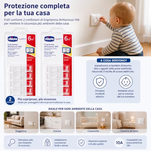 Chicco 2 Confezioni Safety Copripresa Antiscossa 10/16A con Chiavetta, 20 Copriprese Totali, Rimozione con Chiavetta, Prese da 10A, dai 6 Mesi in su, Installazione Facile