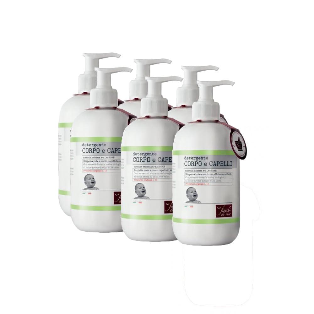 Flocons de Riz 6 Flacons de Nettoyant Corps et Cheveux 400 ml avec Distributeur, Adapté aux Enfants. Bouteille 100% recyclée